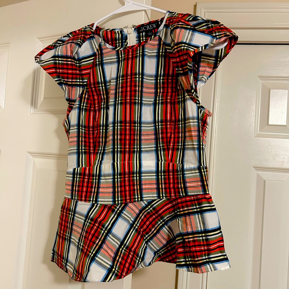 J. Crew flutter sleeve peplum top in Snowy Stewart Tartan